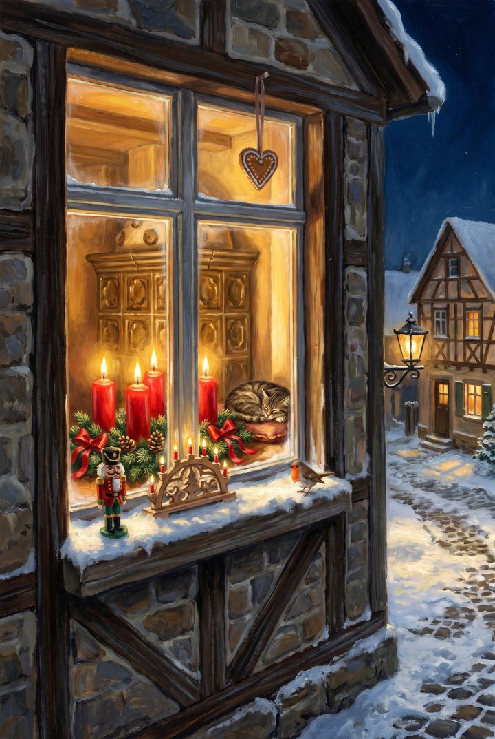 A half-timbered window at night with an Advent wreath of four red candles, a carved candle arch, a cat asleep on a cushion and a robin on the snowy sill