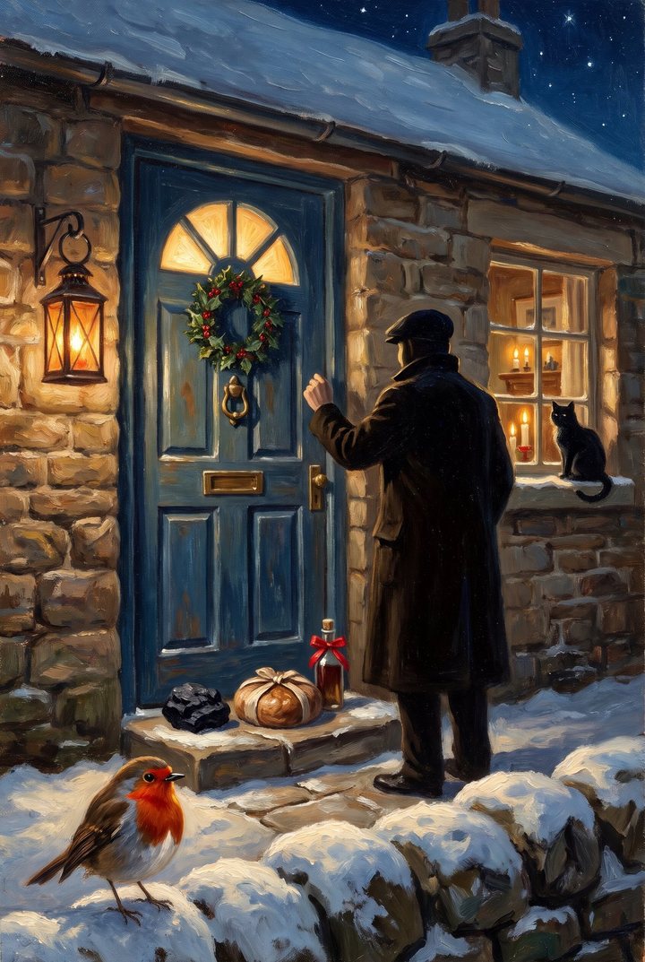 A man in a long coat and flat cap seen from behind, fist raised to knock at the blue door of a stone cottage on New Year’s night, a lump of coal, a round loaf wrapped in a cloth and a small bottle with a red ribbon on the snowy step, a holly wreath and a brass knocker, a lit lantern on the wall, a black cat on the windowsill by the candlelit window and a robin on the snowy wall in front