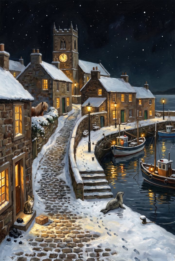 A small Scottish harbour village near midnight on Hogmanay: a lit clock tower, stone cottages with glowing windows, fishing boats with lanterns, a Shetland pony behind a wall, a tabby cat on a doorstep beside a parcel and coal, and a seal on the snowy quay