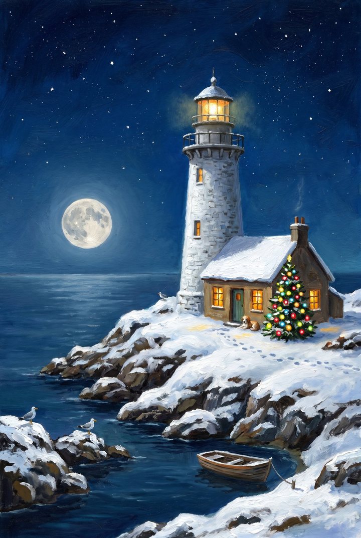 A white lighthouse and its keeper’s cottage on snowy rocks under a full moon, a lit Christmas tree, a puppy at the door, gulls and a rowing boat