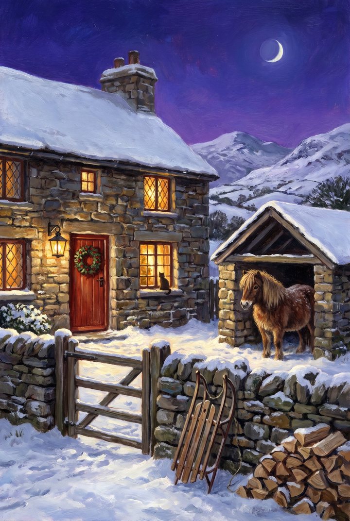 A stone cottage with a slate roof under a crescent moon, a shaggy pony in its open shelter beside it, snowy mountains behind