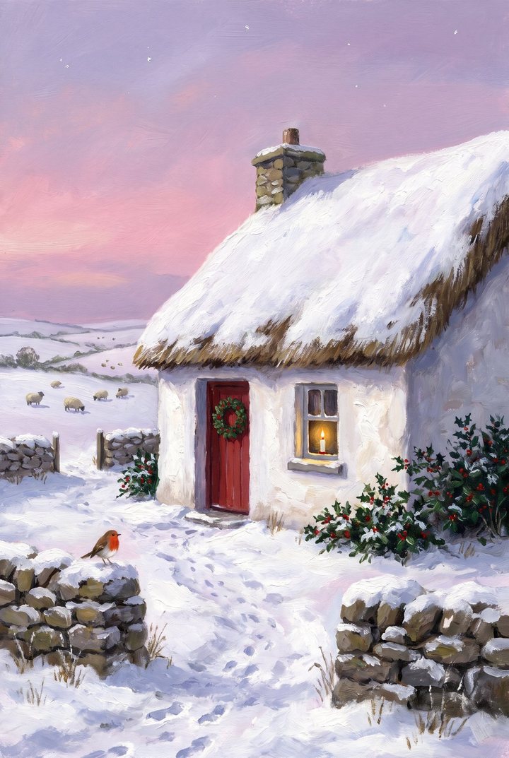 Detail of The Thatched Cottage: a whitewashed thatched cottage in the snow with a red door, a candle in the window, a robin on a stone wall and sheep in the fields
